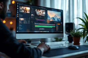 A beginner’s workspace, with a computer showing a basic video project