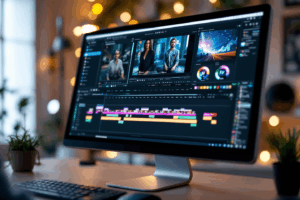 A computer screen with an advanced video editing software interface, displaying various editing tools, such as timeline layers, color correction panels, and audio editing options.
