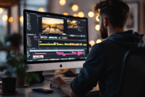 A beginner video editor sitting at a desk, looking at a computer screen displaying a video editing software interface with various tools and clips. 