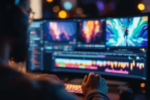 A person enthusiastically working on a video project, editing with vibrant colors, animated transitions, and creative effects on their screen. 