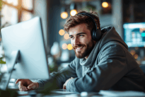 A young professional in a digital workspace surrounded by screens