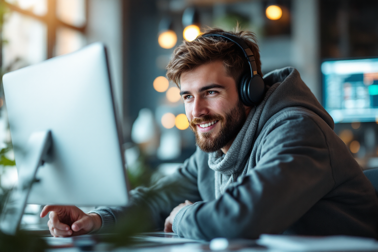 A young professional in a digital workspace surrounded by screens