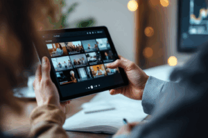 A job applicant showcasing a digital portfolio on a tablet or screen