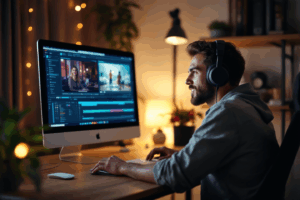 A hopeful, inspired beginner video editor sitting at a computer with a finished project on the screen, soft light illuminating the room. 