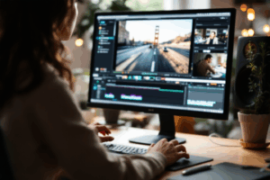 A person of any background sitting at a computer, using free video editing software