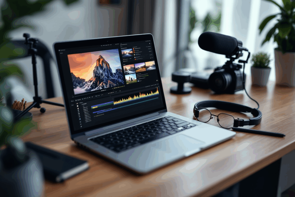 A modern home workspace featuring a laptop with video editing software open, surrounded by video editing tools like a camera, microphone, headphones, and a notebook.