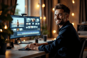 A person sitting at a desk, smiling and working on a video editing project with a computer screen displaying clips of various projects.