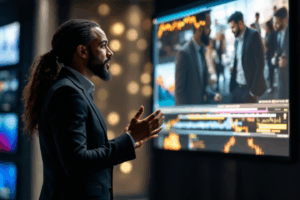 A business professional delivering a dynamic presentation with an edited video clip