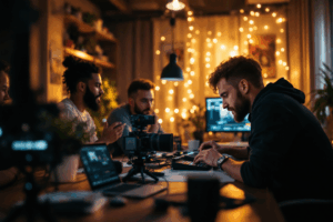 A group of people working together on a video editing project in a collaborative setting. 