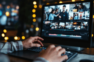 A person editing a powerful video on a social issue, with images like protests, charity work