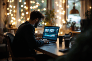 A freelancer working from a laptop at home, editing a client’s project.