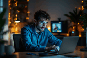 A young entrepreneur working late in a small but vibrant home office