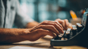 A blogger typing a post