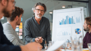 A business team reviewing growth charts during a meeting