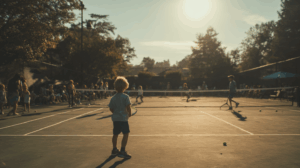 A young child playing tennis with friends on a sunny weekend day