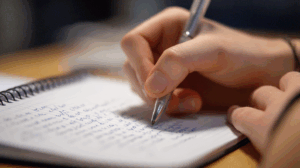 A close-up of a student’s hand writing a short story in a notebook