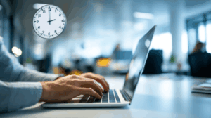 A colleague typing on a laptop The background shows an office space, with empty desks and a clock ticking.