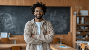 A student in front of a whiteboard