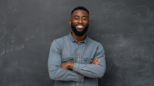 A confident student smiling while standing in front of a chalkboard