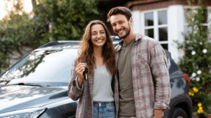 A family standing by their brand-new car, smiling and excited.