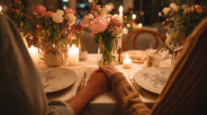 A couple holding hands, sitting at a dinner table with candles and flowers