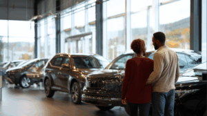 A couple looking at new cars at a dealership
