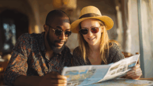A couple looking at travel brochures and planning their next vacation destination.
