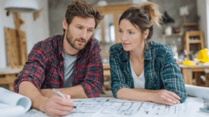 A couple reviewing home renovation plans and discussing design ideas while looking at a blueprint.