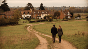 A couple walking through a peaceful countryside, looking at houses for sale.