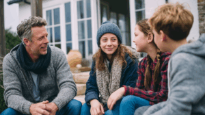 A family discussing changes they've noticed in their local weather while sitting outside