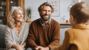 A family sitting together at home, discussing their decision not to move to a new city.