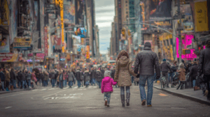 A family walking through a busy New York street