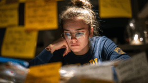 A focused English learner at their desk surrounded by grammar notes