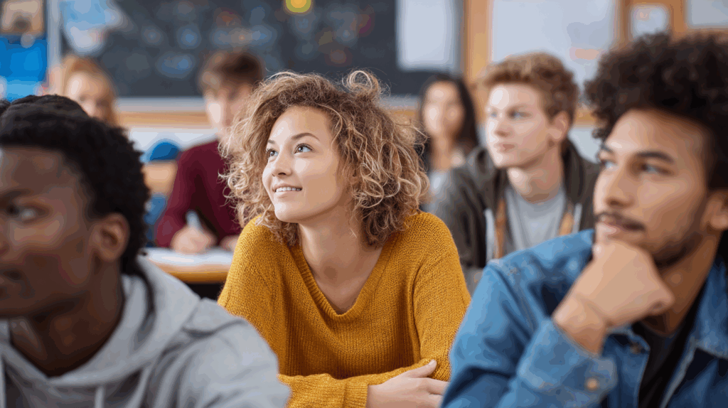 A group of diverse students sitting in a classroom, actively participating in a lesson