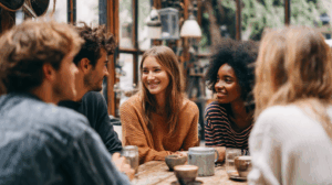 A group of friends discussing their summer plans over coffee