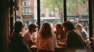 A group of friends sitting in a café, discussing their weekend plans. 