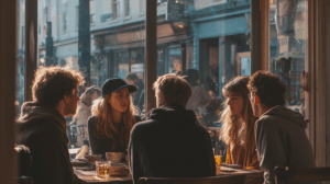 A group of friends sitting in a café