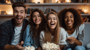 A group of friends sitting on a couch with popcorn, planning to watch a movie later in the evening