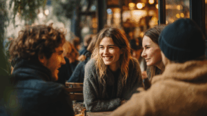 A group of friends sitting together at a café or restaurant