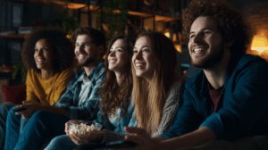 A group of friends sitting together on a couch, deciding which movie to watch. They look happy