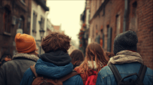 A group of friends walking together, discussing their plans for the day
