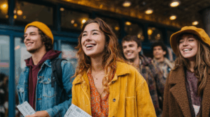 A group of friends walking towards a movie theater with excited expressions, holding tickets
