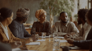 A group of people from different cultural backgrounds discussing future plans in a meeting room. 