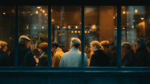 A group of people waiting at a restaurant, checking their phones for updates on a friend's arrival. 
