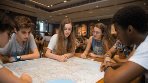 A group of students role-playing a scenario where they plan a trip to a new city. 