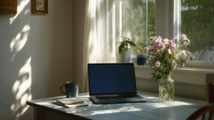 A laptop screen on top of a table in a simple home office