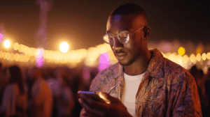 A person texting a friend, asking if they will attend an upcoming concert. 