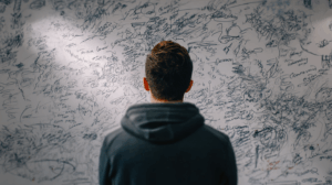 A person brainstorming futuristic scenarios on a whiteboard