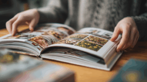 A person browsing through a catalog of hobbies like painting, cooking, and photography, deciding which new activity to begin.