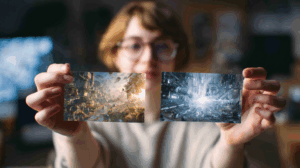 A person pointing to two side-by-side images